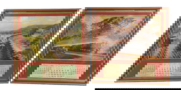 LOT OF 2: FRAMED PENNSYLVANIA RAILROAD CALENDARS: The first starts in December 1952 and continues through 1953. Artwork by Grif Teller titled "Crossroads of Commerce". The second starts in December 1943 and continues through 1944. Artwork by Dean Cor