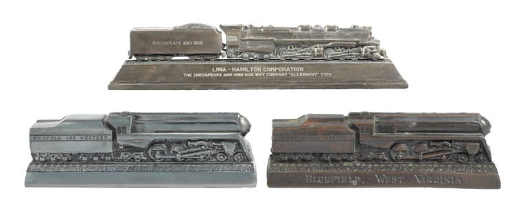 LOT OF 3 RAILROAD LOCOMOTIVE DESK PAPERWEIGHTS: (A) A brass Lima-Hamilton Corporation desk paperweight model of the Chesapeake & Ohio 2-6-6-6 Articulated Allegheny-type locomotive. The base reads “Lima-Hamilton Corporation / The Chesapeake &