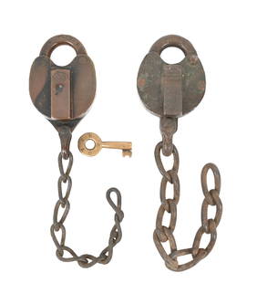 LOT OF 2 RAILROAD LOCKS & KEY: (A) An early bronze heart switch lock, incised &#8220;SS RR&#8221; on the panel. The shackle is incised &#8220;Switch&#8221;. &#8220;H. C. Jones Patent Newark NJ&#8221; is nicely incised on the dust c