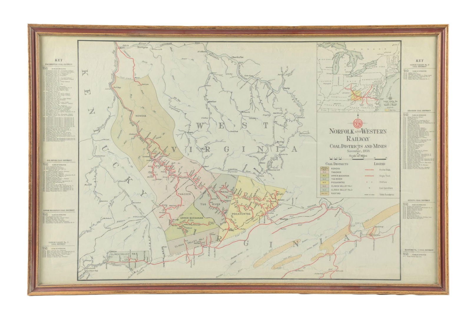 NORFOLK & WESTERN RAILWAY MAT OF COAL DISTRICTS & MINES, C.1938 (1 of 2)