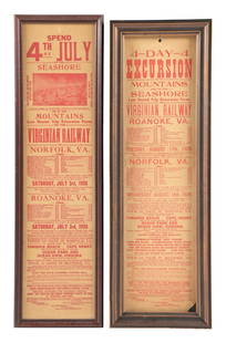 LOT OF 2 RAILROAD EXCURSION BROADSIDES: Two nicely-framed Virginian Railway posters advertising excursions, one on July 3, 1926 and the other on August 18, 1926. Slight yellowing on both. Lower-right corner damage on one, not distracting. C