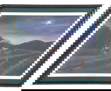 VA & TENN RR PASSENGER TRAIN PRINT: A nicely matted and framed, multi-colored print of a Virginia & Tennessee Railroad passenger train, led by 4-4-0 locomotive No. 31 along a river. This is a 1991 print by artist Geraldine Walters.