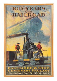 B&O RR CENTENNIAL POSTER: A nicely-framed, beautiful multi-colored print of one of the B&O Centennial posters. Condition: (9.0). Dimensions: Largest: 25" x 37".