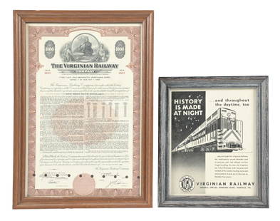 LOT OF 2 VIRGINIAN RAILWAY MISC.: (A) A nicely-framed, small advertising poster showing a FM Trainmaster locomotive. (8.0). (B) Virginian Railway mortgage bond for $1,000, dated 1958. (8.0). Condition: (8.0). Dimensions: Largest: 12"