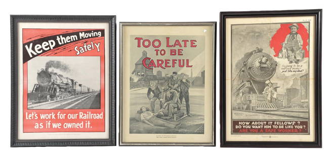 LOT OF 3 FRAMED RAILROAD SAFETY POSTERS: Three nicely-framed American Railway Association safety posters. (A) Poster No. 225 “Keep Them Moving” multi-colored with locomotive. (8.0). (B) Bulletin No. 66 “Too Late to be