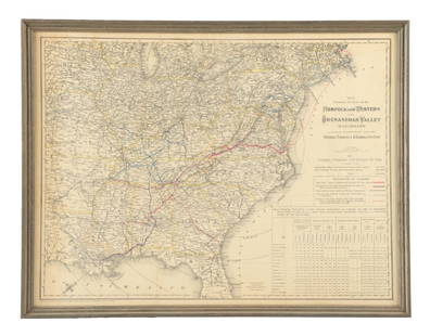 NORFOLK & WESTERN & SHENANDOAH VALLEY RAILROAD MAP: A nicely-framed Colton map showing N&W, SV, and early predecessor connecting lines, probably circa 1920. The map is slightly yellowed. Condition: (7.0). Dimensions: Frame: 28" x 21 - 1/2".