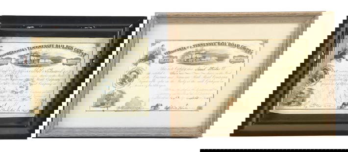 LOT OF 2 VIRGINIA & TENNESSEE RAILWAY STOCK CERTIFICATES: (A) A ten share certificate dated 1874, showing some tape residue on the left-hand side. (5.0). (B) A two share certificate dated 1854. There is a water stain at the bottom. (6.0). Condition: (5.0 -