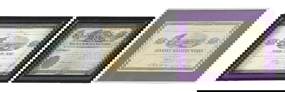LOT OF 3 RAILROAD STOCK CERTIFICATES: (A) Pond Creek Coal Company, seven shares, dated 1919. (8.0). (B) Roanoke Machine Works, two shares, dated 1881. (8.0). (C) Roanoke Machine Works, forty-one-hundred and sixty-seven shares, dated
