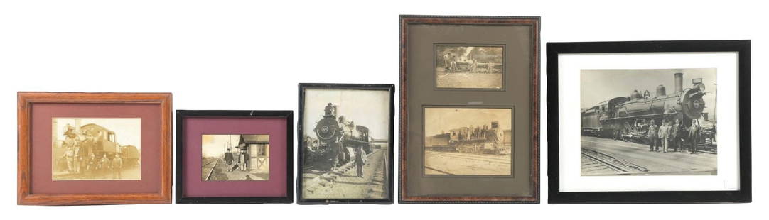 LOT OF 5 FRAMED N&W PHOTOS: (A) A nicely-framed and matted crew photo of a N&W switching crew with locomotive No. 1149, an 0-4-0 camelback locomotive. Ground crew is holding their lanterns. (7.0). (B) A nicely-framed real