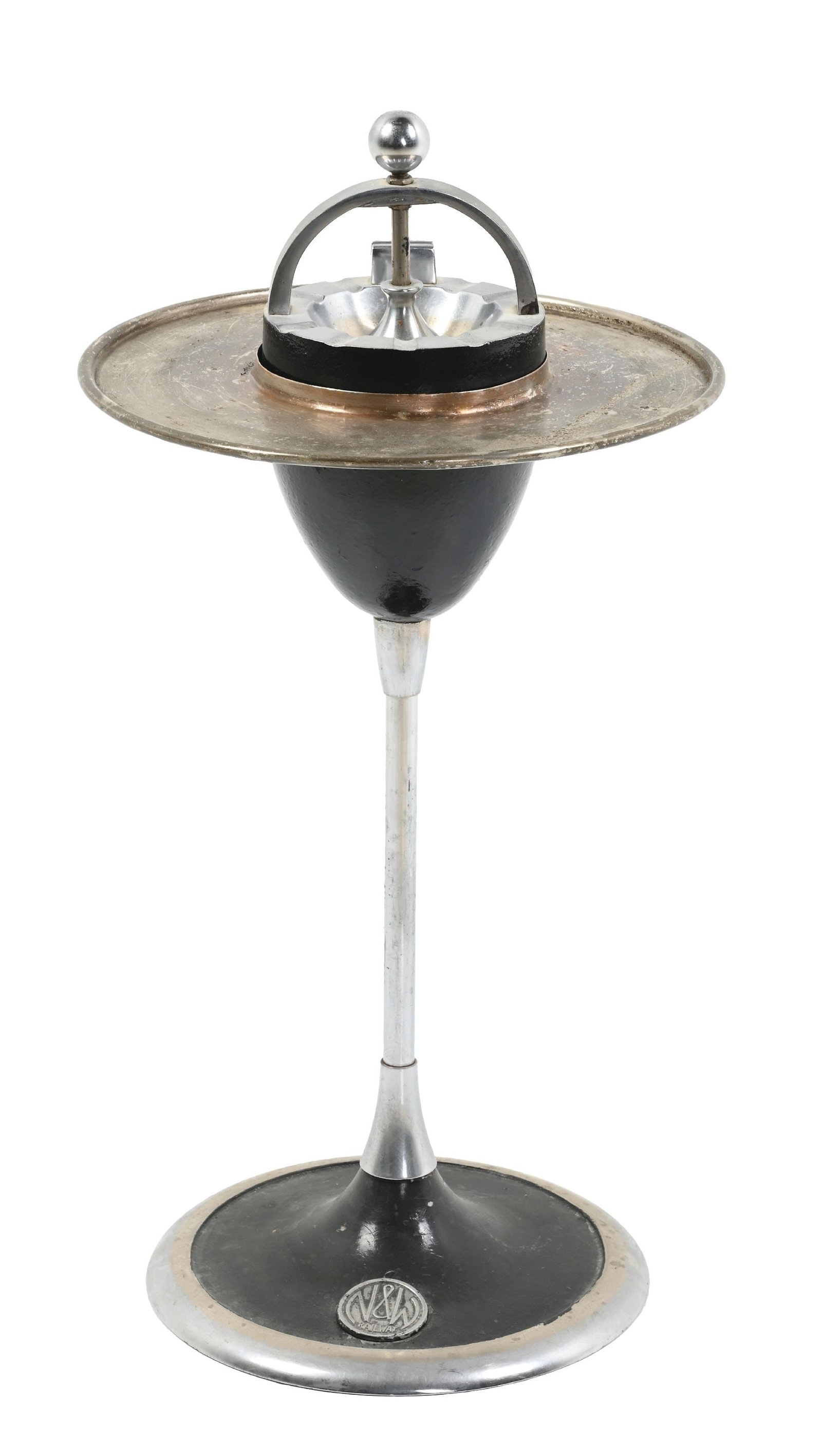 N&W RAILROAD PARLOR CAR SMOKE/DRINK STAND: A single-column weighted stand with ash receptacle and drink pedestal. This unit is nicely marked with the curved N&W logo medallion on the base. Some of the original plating is worn off the base ring