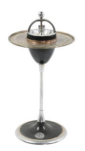 N&W RAILROAD PARLOR CAR SMOKE/DRINK STAND: A single-column weighted stand with ash receptacle and drink pedestal. This unit is nicely marked with the curved N&W logo medallion on the base. Some of the original plating is worn off the base