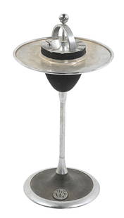 N&W RAILROAD PARLOR CAR SMOKE/DRINK STAND: A single-column weighted stand with ash receptacle and drink pedestal. This unit is nicely marked with the curved N&W logo medallion on the base. The weight shows old, worn, black paint. This unit is