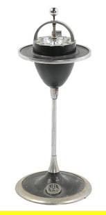 N&W RAILROAD PARLOR CAR SMOKE STAND: A single-column weighted stand with ash receptacle pedestal. This unit is nicely marked with the curved N&W logo medallion on the base. The top pedestal has old original black paint and the vertical