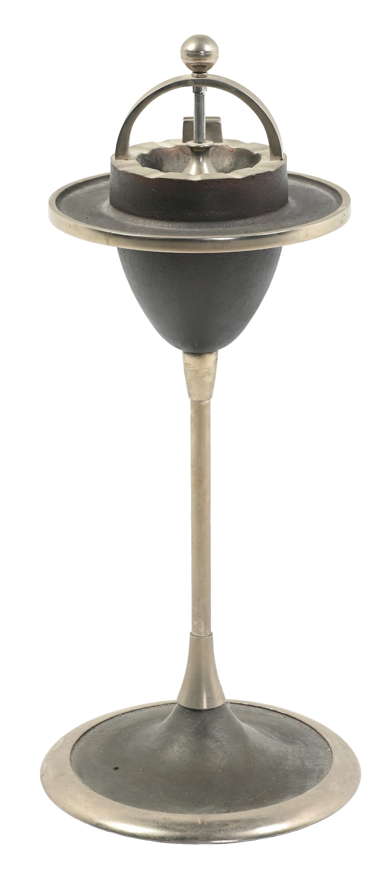N&W RAILROAD PARLOR CAR SMOKE STAND: A single-column weighted stand with ash receptacle pedestal. This unit is missing the N&W medallion on the base weight, but is complete otherwise. Condition: (Good). Dimensions: 10" Dia. x 26" T.