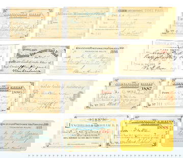 LOT OF 12 RAILROAD TRAVEL PASSES: (A) Virginia & Tennessee Rail Road 1868 pass No. 24 on light card stock. Soiled. (B) Virginia & Tennessee Rail Road 1863 on light card stock. Soiled. (C) Atlantic, Mississippi & Ohio Railroad Co.