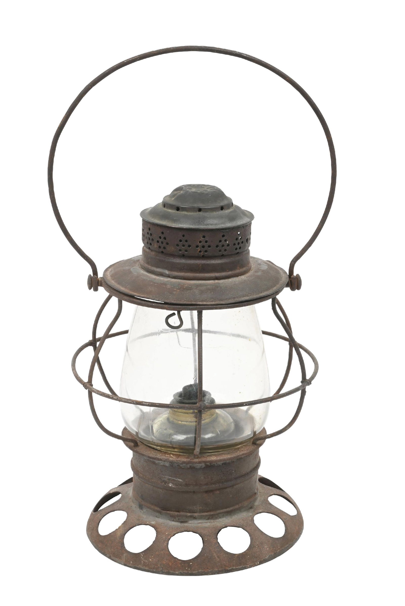 N&W. R. R. RAILROAD LANTERN: A single-guard, wire-tied Aetna model made by the Taylor Manufacturing Company of New Britain, Connecticut. There are no manufacturer’s hallmarks present. “N.&W. R. R.” is nicely emb
