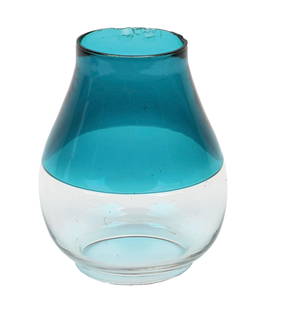 CONDUCTOR’S RAILROAD LANTERN GLOBE: A split-color green/clear, extended-base conductor&#8217;s lantern globe. Height is 5&#8221; tall, with a 2-3/8&#8221; top fitter diameter and a 2-5/8&#8221; bottom fitter diameter. Some minor top fit