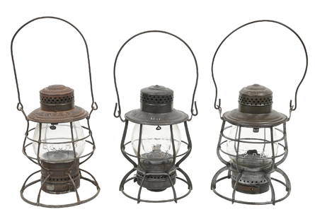 LOT OF 3 RAILROAD LANTERNS: (A) An A&W, pre-1895, double-guard, early wire-bottom model. “B&O R. R.” nicely embossed over the latch area. “MSD” (Main Stem Division) stamped in. This model has a removable