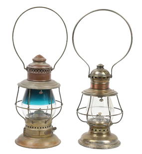 LOT OF 2 RAILROAD CONDUCTOR’S LANTERNS: (A) An Adams & Westlake No. 39 brass bell-bottom model, last pat. date 1873, spiked chimney, unique bail wrap. The bayonet base is complete with a No. 1 functioning ratchet burner. The heavy No. 39 ex