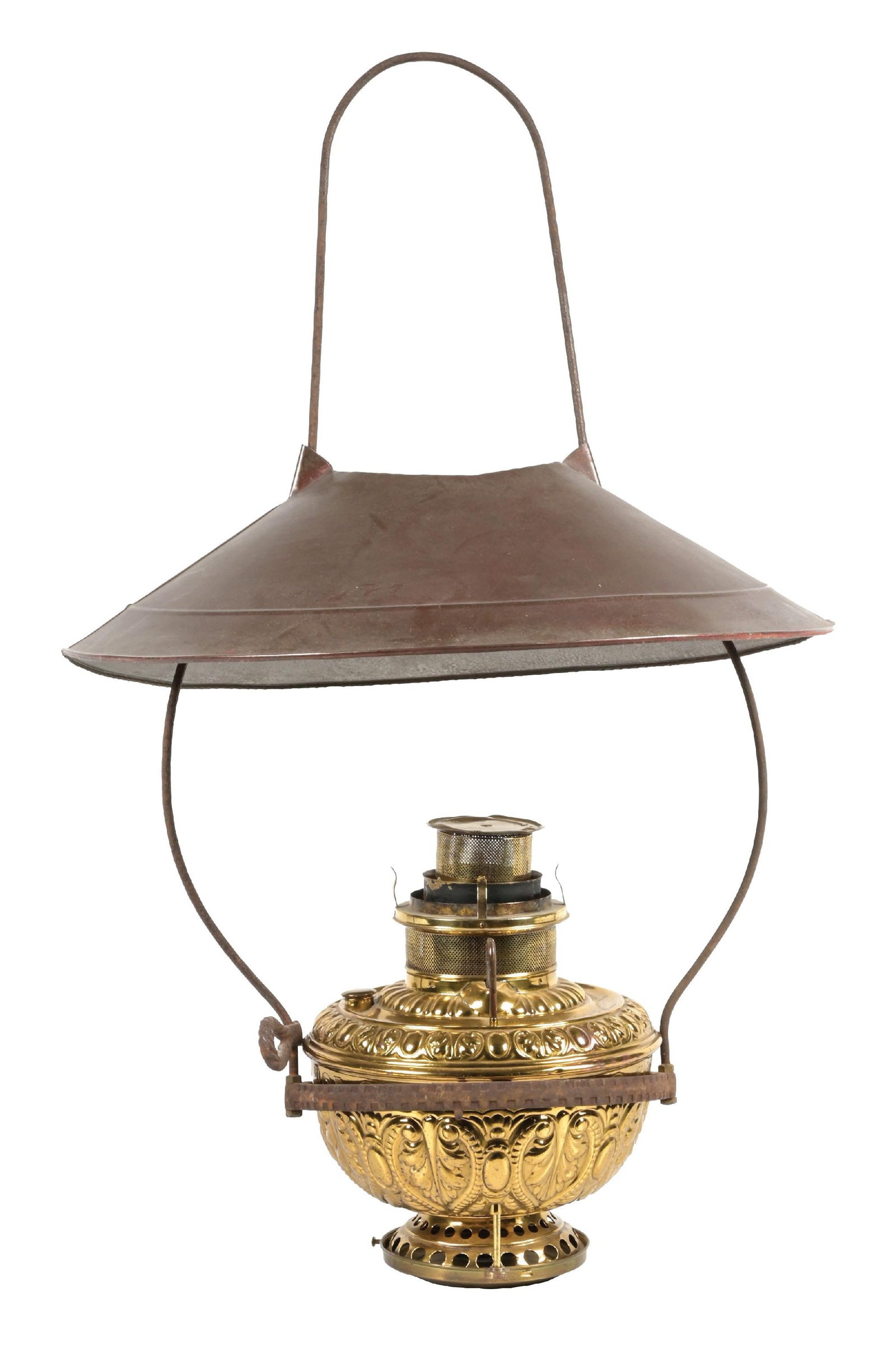 LARGE BRASS RAILROAD LAMP: Original condition throughout. Dimensions: 20" x 19" x 27".