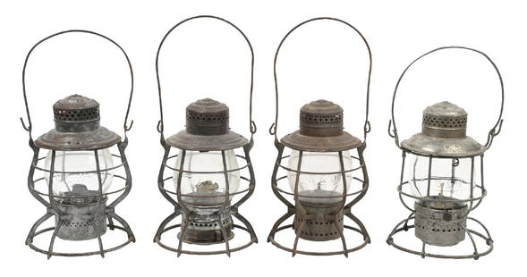 LOT OF 4 RAILROAD LANTERNS: (A) 1909 pat. A&W “Adlake” double steel guard model, embossed "N&WRR" in the lid reflector. The No. 39 Corning non-ex globe is nicely embossed “N.&W. Ry.” in block font. The fo
