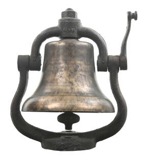 BRONZE STEAM LOCOMOTIVE BELL: A 12” diameter, cast bronze steam locomotive bell, complete with clapper and crank. The yoke is cast iron and affixes the bell with a hex nut. There are no apparent markings on the bell, which s