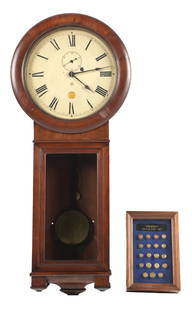 LOT OF 2 VIRGINIAN RAILWAY CLOCK & DATE NAIL DISPLAY: (A) A real nice Seth Thomas No. 2 Railroad regulator with a painted dial, containing Roman numerals and a real nice Virginian Railway logo at the 6 o&#8217; clock position. The original blued spade ha