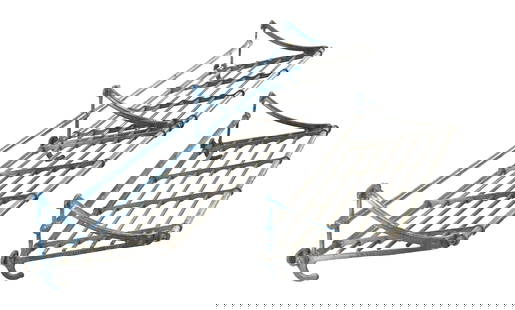 LOT OF 2 RAILROAD LUGGAGE RACKS: Two steel round tube overhead luggage racks with cast iron ends and provision for hanging horizontally. Both show old blue paint on portions, as well as black enamel on parts of the rack tubes. This i