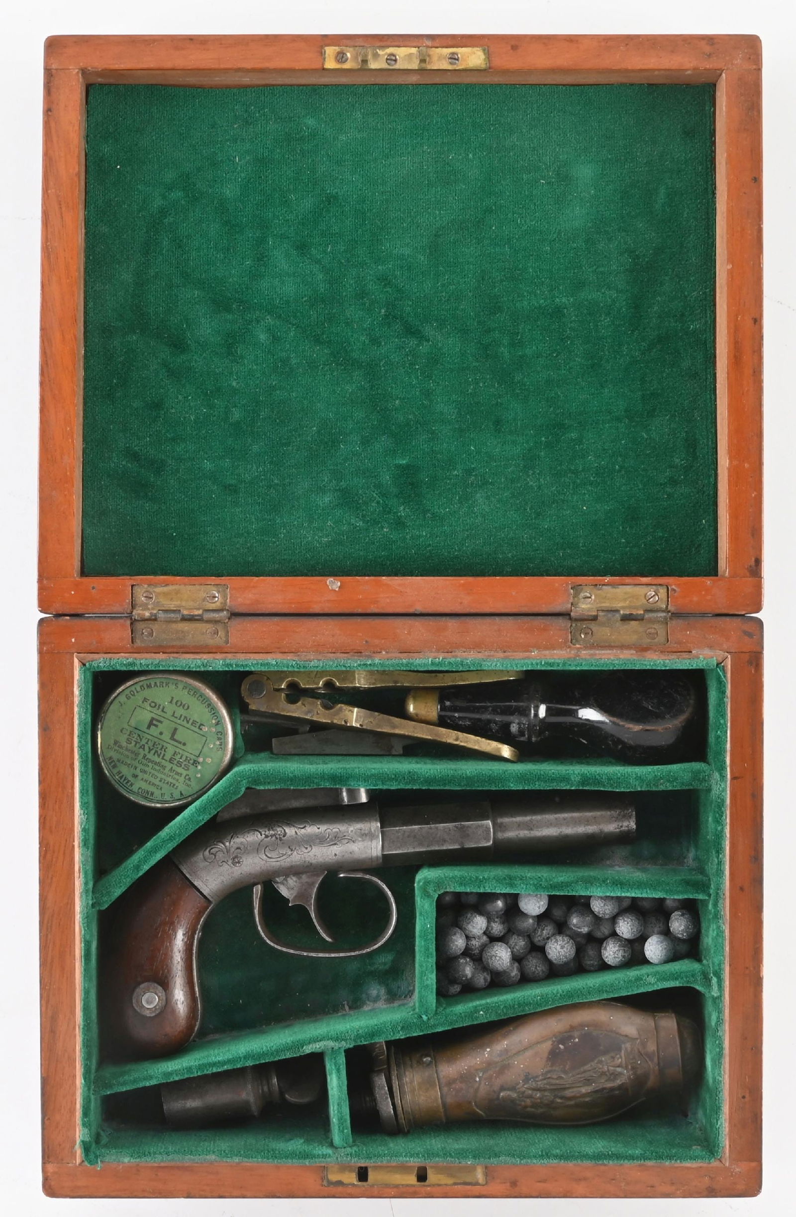 (A) UNMARKED BAR HAMMER SINGLE SHOT MUFF PISTOL WITH ACCESSORIES.: Top bar hammer like a pepperbox and sports an octagon to round barrel and two piece walnut bag grips. CONDITION: Very good. All metal is an oxidized grey patina with light engraving on frame. Grips ar