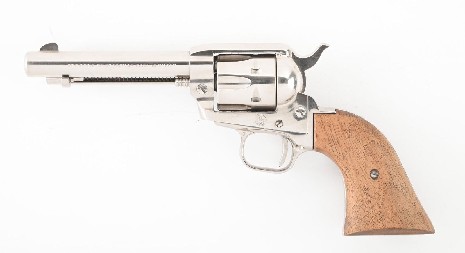 (C) COLT FRONTIER SCOUT NICKEL SINGLE ACTION .22 MAGNUM REVOLVER.: Manufactured in 1960, first year of production. Features the full nickel finish with two piece walnut grips. Comes in a wood Colt two gun display case. CONDITION: Excellent. Has been fired showing cyl