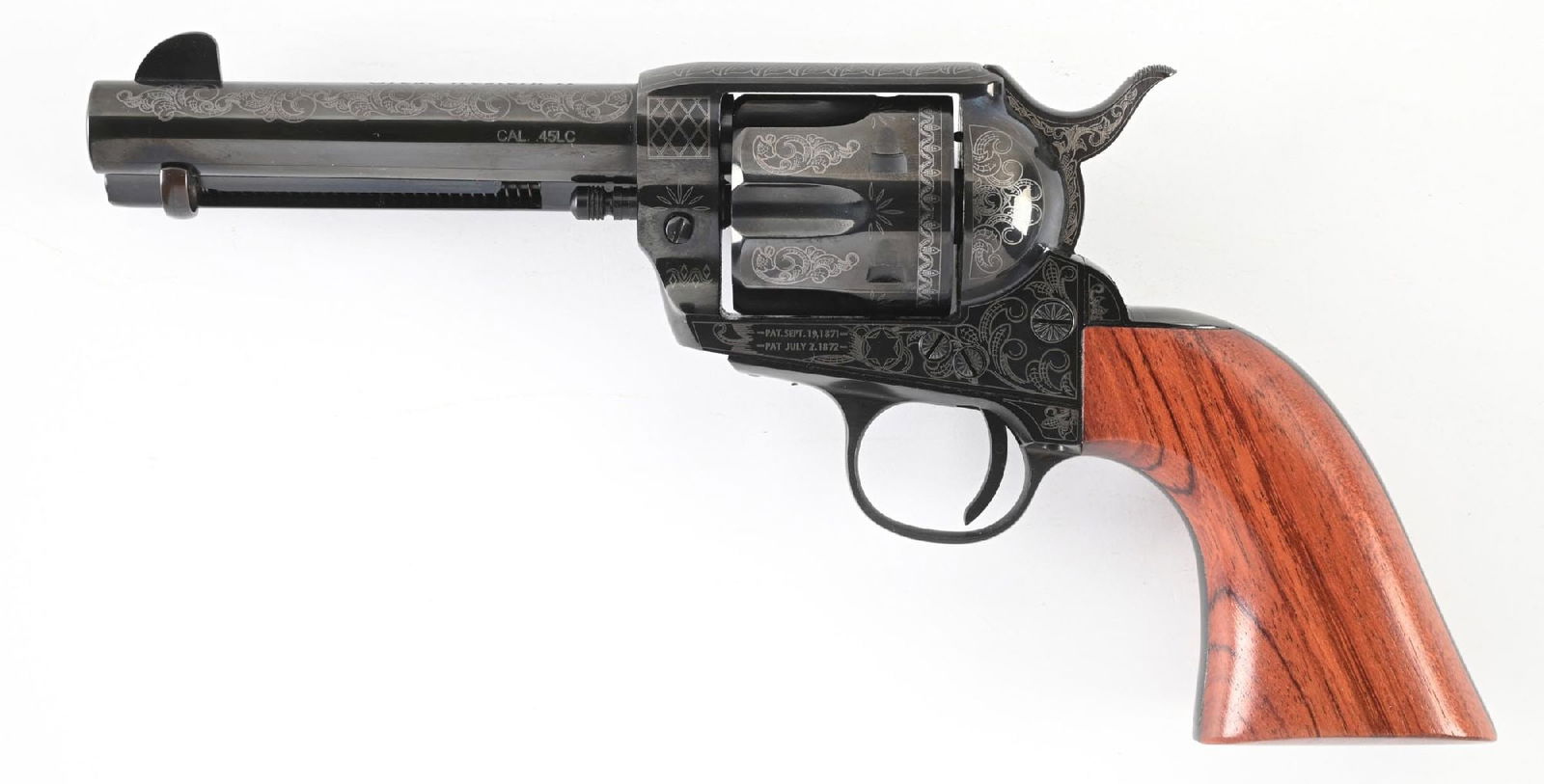 (M) EMF GREAT WESTERN II ENGRAVED SINGLE ACTION REVOLVER WITH BOX.: Made by Pietta. Features an all blue finish, fluted cylinder, one piece walnut grips, fixed sights, and laser engraved decoration on all major parts. Stamped "GREAT WESTERN II" on top of barrel. In a