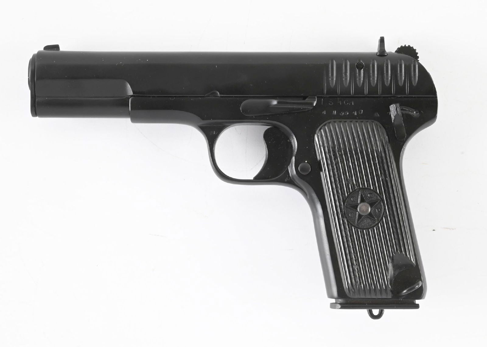 (C) RUSSIAN TT30 TOKAREV SEMI-AUTOMATIC PISTOL.: Right side of frame has ISHCH stamp. Black plastic grips have the star with matching visible numbers. Comes with an extra barrel. CONDITION: Excellent as restored retaining nearly all the blue finish