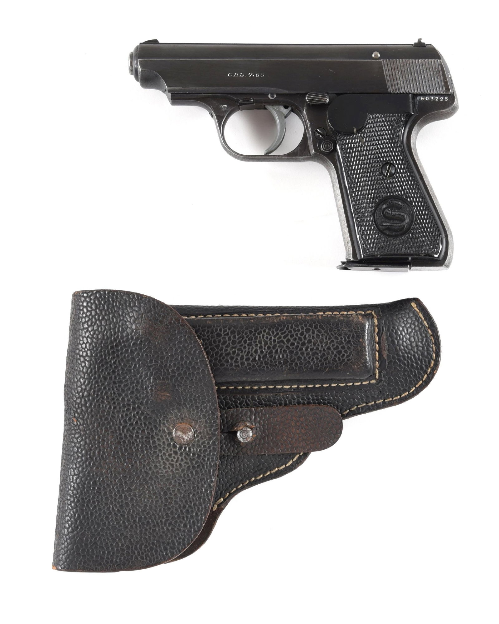 (C) WARTIME POLICE J.P. SAUER & SOHN MODEL 38H SEMI-AUTOMATIC PISTOL.: This police marked pistol has the later wartime matte blue finish, checkered black composite grips with SS monogram on left panel, caliber legend on left side of slide, and matted rib. Comes with one 