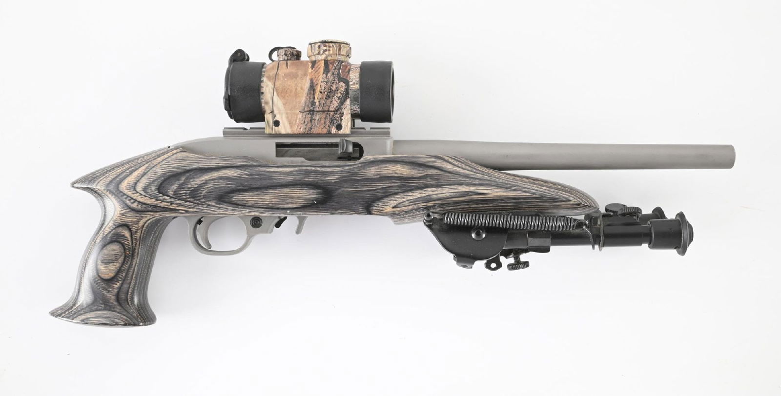 (M) RUGER 10/22 CHARGER SEMI-AUTOMATIC PISTOL.: Matte finish stainless finish with a laminate pistol grip stock, bipod, and a TruGlo sight. CONDITION: Excellent. Shows as near new with light minor handling marks. Bore is bright. Barrel Length: 10"