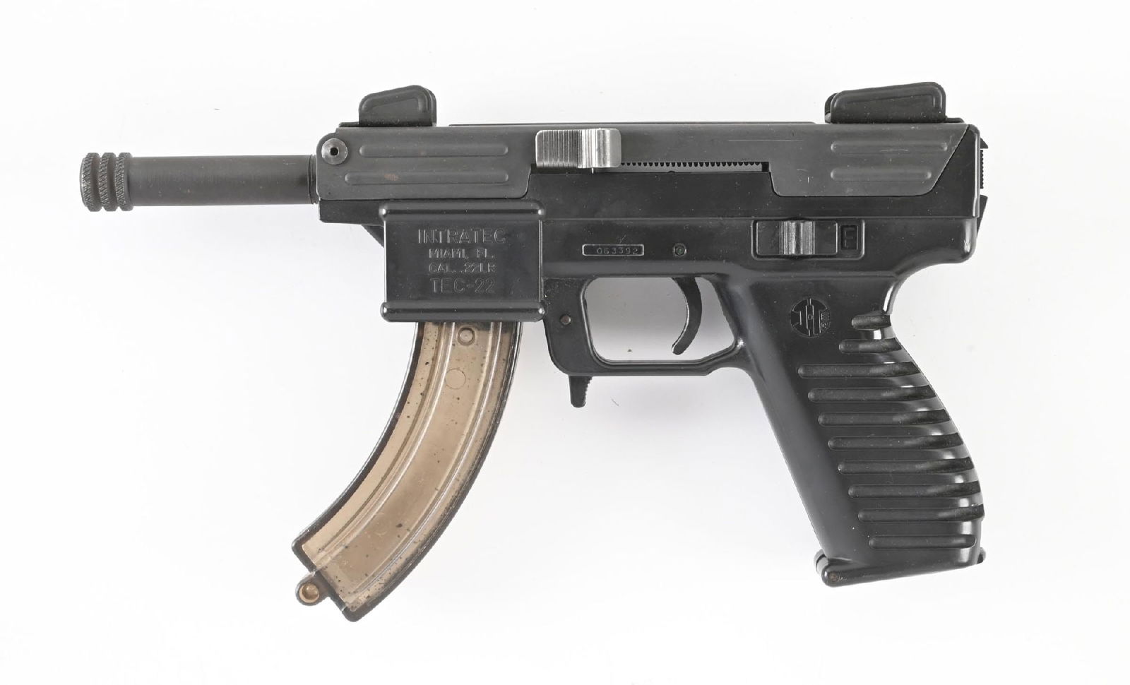 (M) INTRATEC TEC-22 SEMI-AUTOMATIC PISTOL.: Threaded barrel, protected post and square notch rear sights. CONDITION: Good. Strong, shiny bore. Barrel Length: 4" Caliber/Bore: .22 Long Rifle FFL Status: Modern Manufacturer: Intratec Model: Tec-2