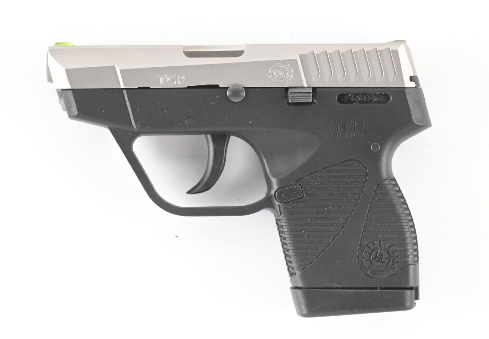 (M) TAURUS TCP SUB COMPACT STRIKER FIRED PISTOL.: Front sight has been hand painted green, other features as standard. CONDITION: Excellent, shiny bore. Comes in a factory plastic case with 1 extra magazine. Accessories: Factory case, 1 extra magazin