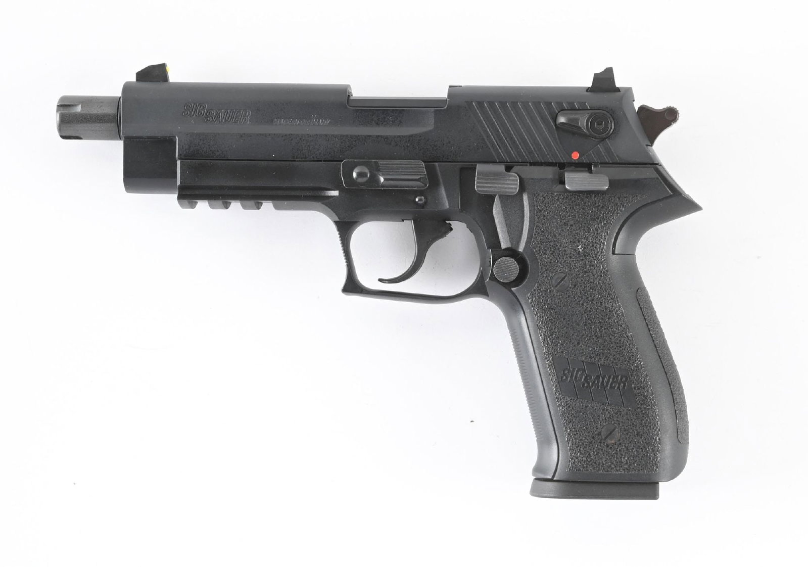 (M) SIG SAUER MOSQUITO SEMI-AUTOMATIC PISTOL.: Alloy frame and slide with a threaded barrel, 3 dot sights, pebble grain textured 2 piece grips. CONDITION: Very Good, shiny bore. Accessories: Factory case Barrel Length: 4 - 1/2" Caliber/Bore: .22 L
