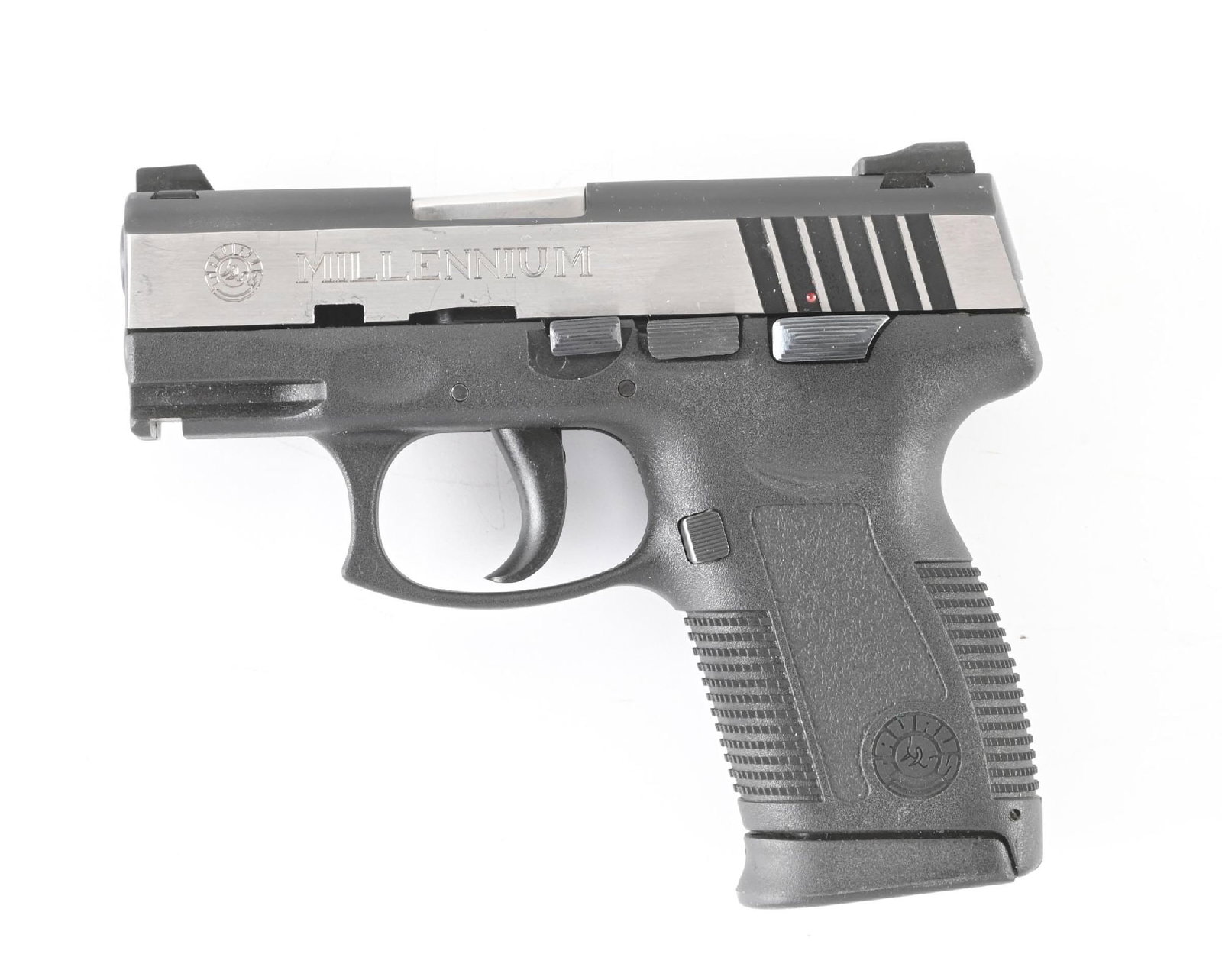 (M) TAURUS PT 145 MILLENNIUM PRO SEMI-AUTOMATIC PISTOL.: Features a polymer frame, polished stainless slide sides, and wind drift white dot front and rear sights. Comes in box with paperwork and two magazines. CONDITION: Excellent. Near new with minor handl