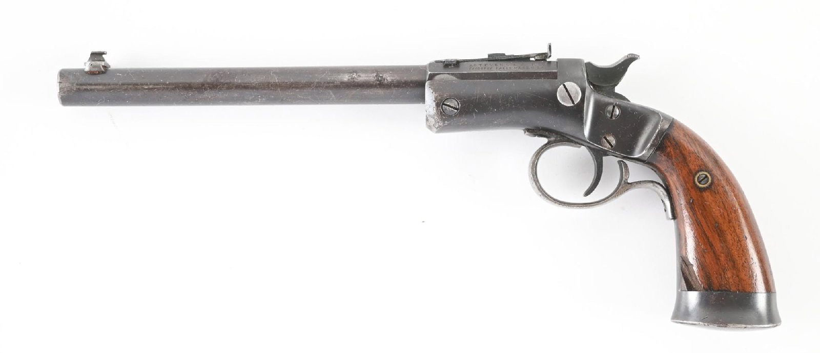 (C) STEVENS OFFHAND NO. 35 SINGLE SHOT PISTOL.: Features full blue finish. Octagon to round barrel with Stevens legend and no patent dates, pre-1929 heavy steel trigger guard, dovetailed front and rear sights, extended two panel walnut grips, and h
