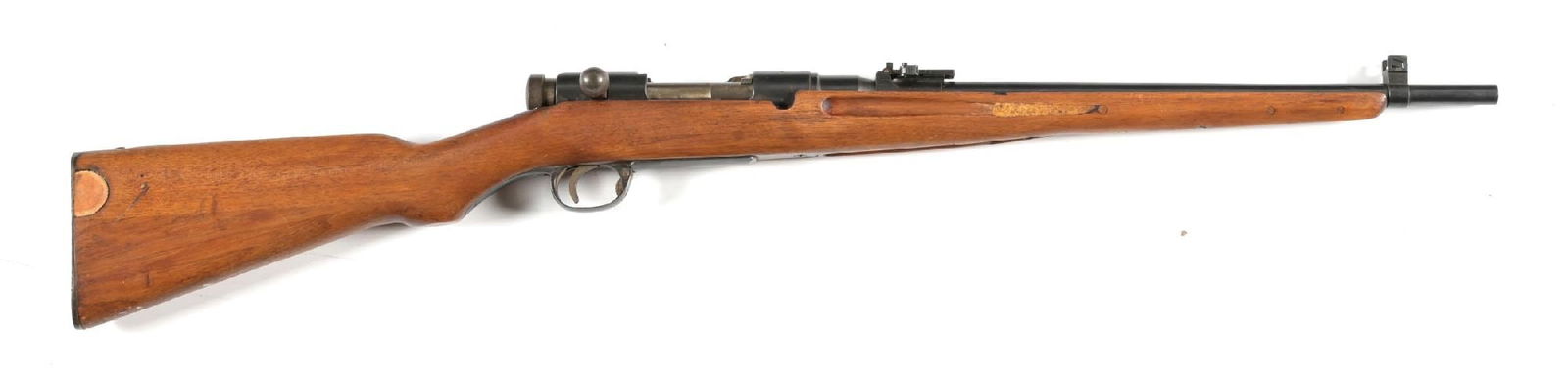 (C) SERIES 1 KOISHIKAWA TYPE 44 ARISAKA SPORTER CARBINE.: Finished in original arsenal blue with straw small parts. Standard carbine sights. Imperial chrysanthemum has been partially defaced. Original military stock has been modified into sporting form. COND