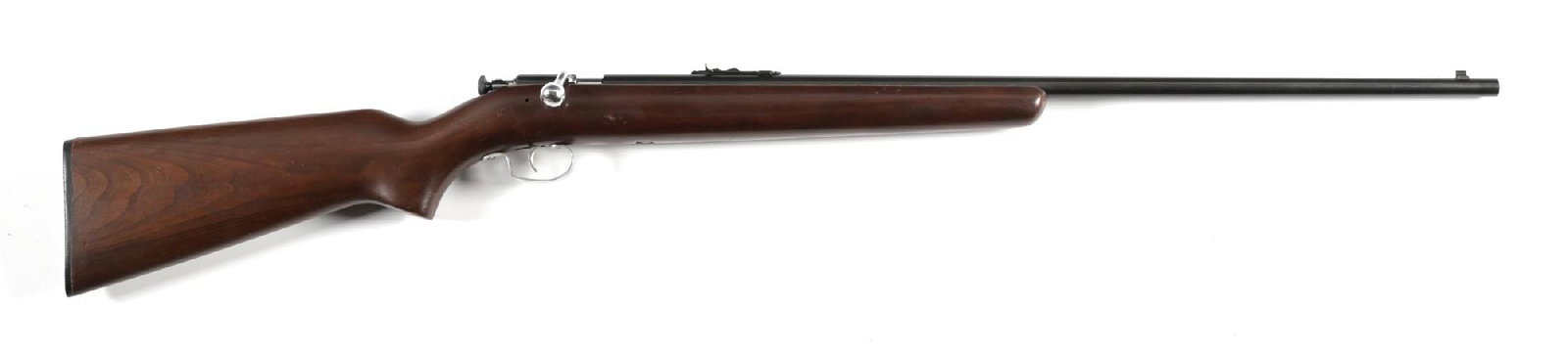 (C) WINCHESTER MODEL 67A BOLT ACTION RIMFIRE RIFLE.: Factory blue finish, dovetailed front sight, flat top sporting rear sight, plain walnut stock with pistol grip, Winchester buttplate, and plated trigger guard. CONDITION: Excellent. Metal shows as in 