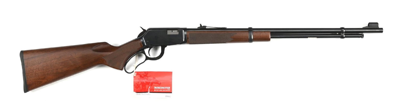 (M) WINCHESTER MODEL 9422 LEVER ACTION RIFLE.: Round Winchester proofed barrel with a ramped bead front sight and an adjustable buckhorn rear. Full-length magazine tube. Satin finished checkered American walnut butt stock with a factory marked but