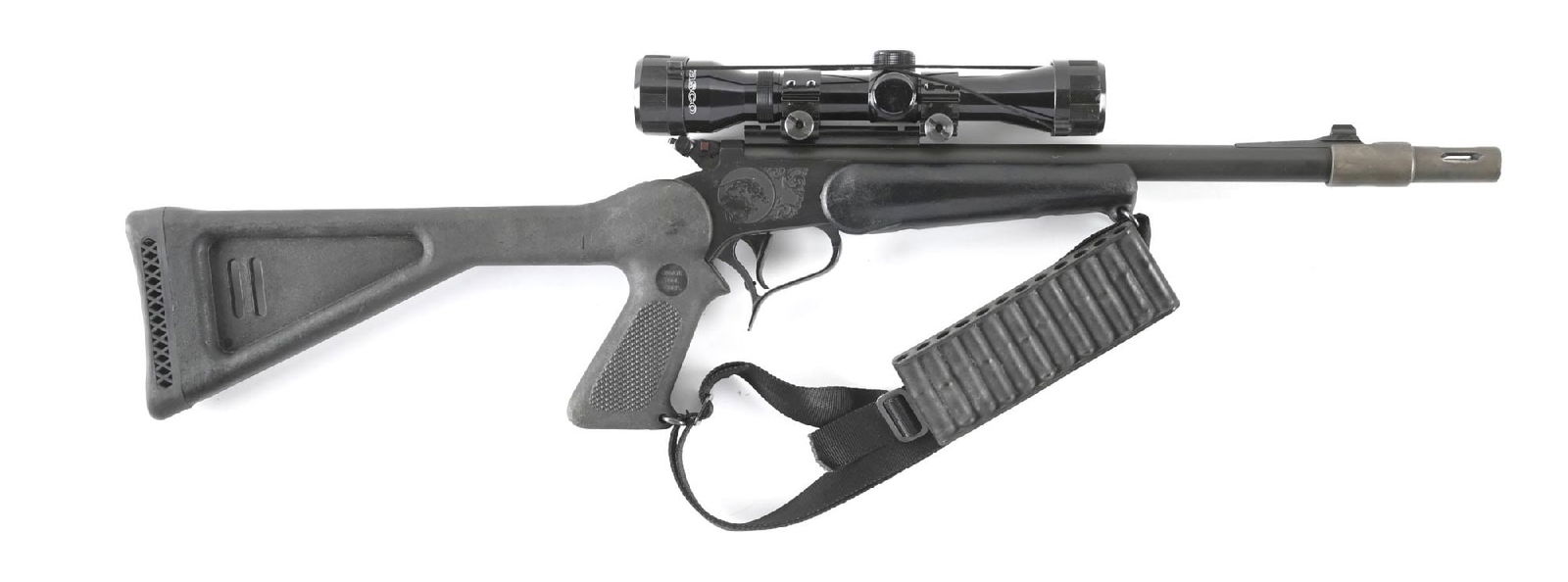 (M) THOMPSON CENTER ARMS CONTENDER SINGLE SHOT RIFLE.: Features blued finish, a Choate tool polymer stock and forend, black rubber recoil pad, and a Tasco 4x32 optic mounted on the receiver. Firearm is equipped with a "Super 14" barrel that has had a 3 -