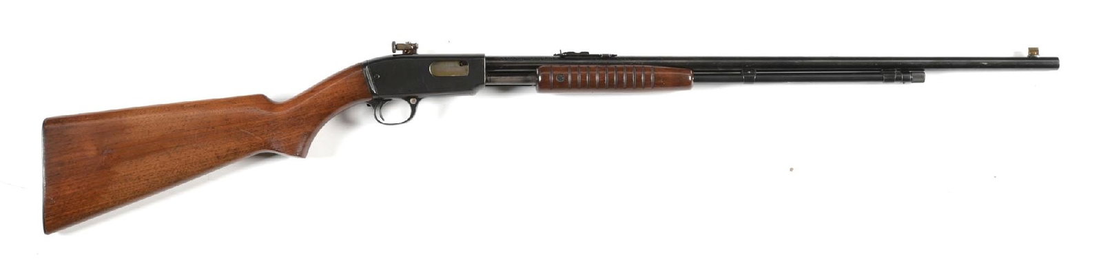 (C) FIRST YEAR PRODUCTION WINCHESTER MODEL 61 SLIDE ACTION RIFLE.: Manufactured in 1932. First variation barrel stamp on barrel, 1932-1935 patent pending stamp, blued finish, 3/4 length magazine tube, dovetailed bead front sight with a sporting adjustable rear, and a