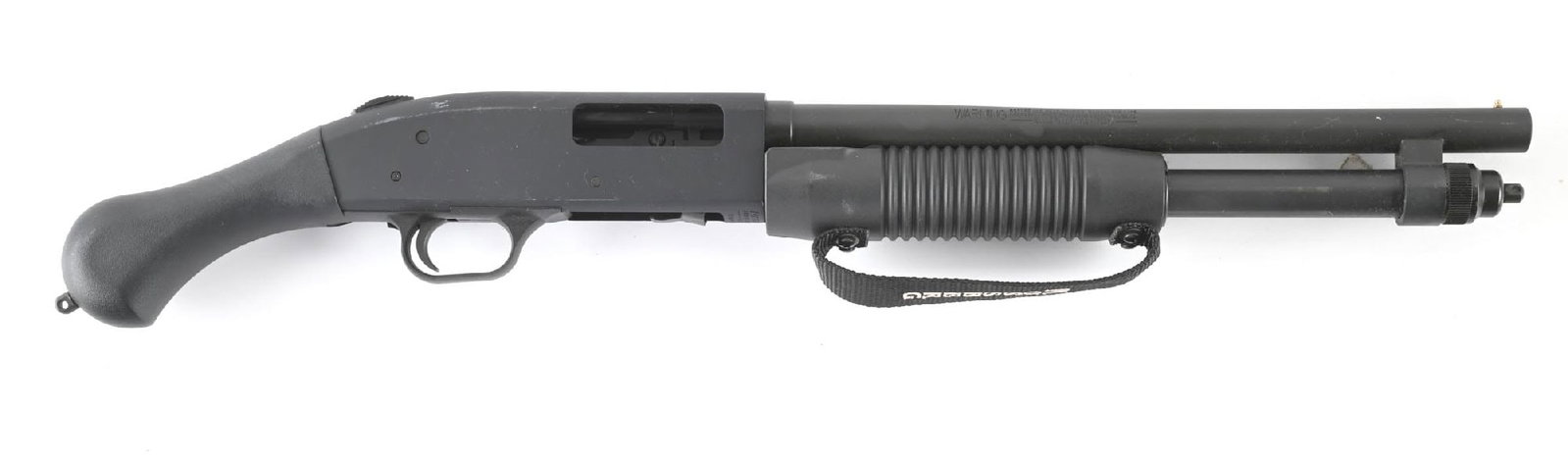 (M) MOSSBERG 590 SHOCKWAVE SLIDE ACTION FIREARM.: Features include black matte finish, synthetic "Raptor" grip, corrugated slide handle, and nylon sling. CONDITION: Very Good. Shiny mirror like bore. Barrel Length: 14 - 1/2" Chamber: 3" Choke: Cylind