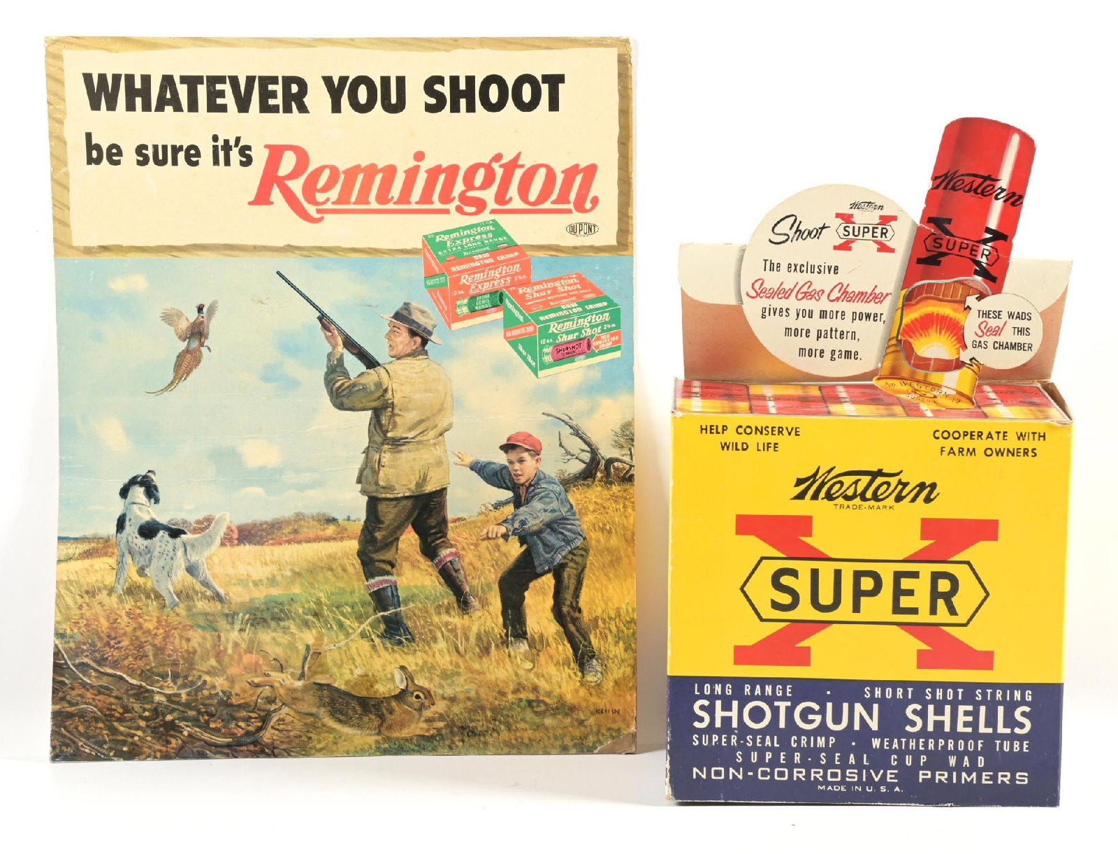 LOT OF 2: DIE CUT CARDBOARD WESTERN AND REMINGTON AMMUNITION DISPLAYS.: Lot consists of (A) EThree dimensional Western display dating to the 1950s. Folds into a 12" x 12" oversized shotgun shell box with a 3-D pop out header of a Western shotgun shell. Full brilliant colo