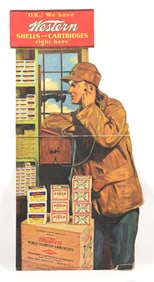 LARGE DIE CUT CARDBOARD LITHO WESTERN AMMUNITION STORE DISPLAY BOARD.
