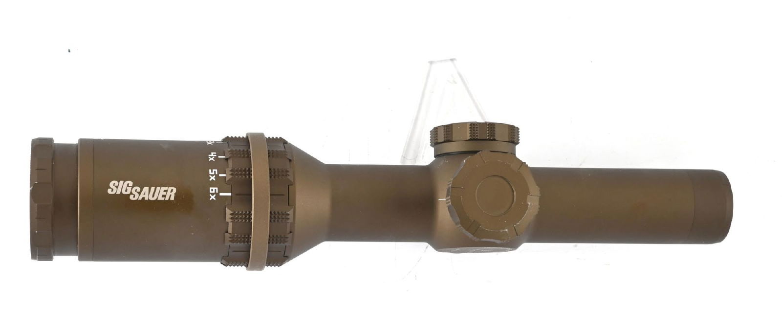 SIG SAUER TANGO 6T 1-6X24 SCOPE: Tango 6T with illuminated FFP MOA reticle with a red dot center. Factory burnt bronze Cerakoting. CONDITION: Excellent. CORRECTION: Reticle is an SFP MRAD 3Gun reticle.