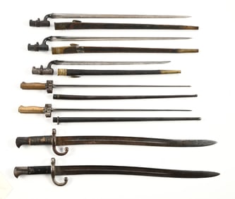 LOT OF 7: BRITISH, FRENCH, AND TURKISH BAYONETS.
