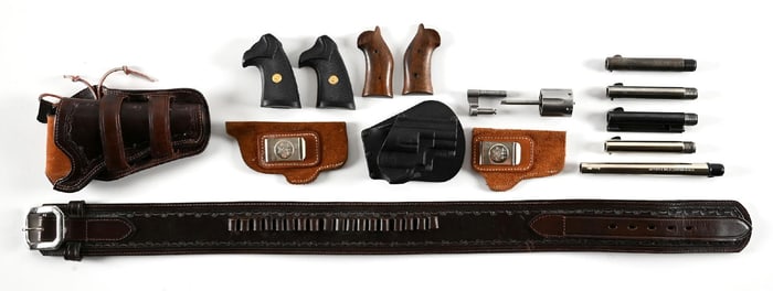 LOT OF COLT SINGLE ACTION ARMY BARRELS, HOLSTERS AND MISC. PARTS